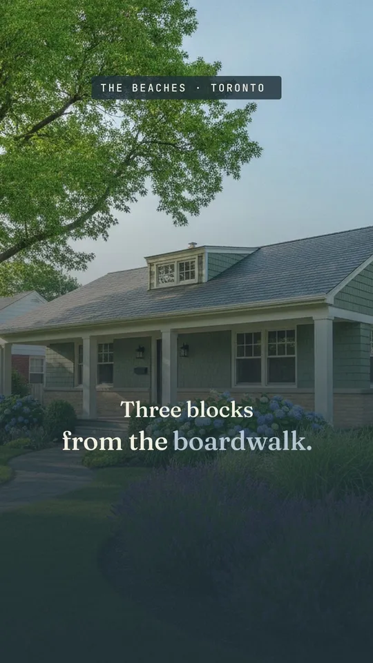 Opening frame of The Beaches bungalow video — a sunlit porch with an open-house date card