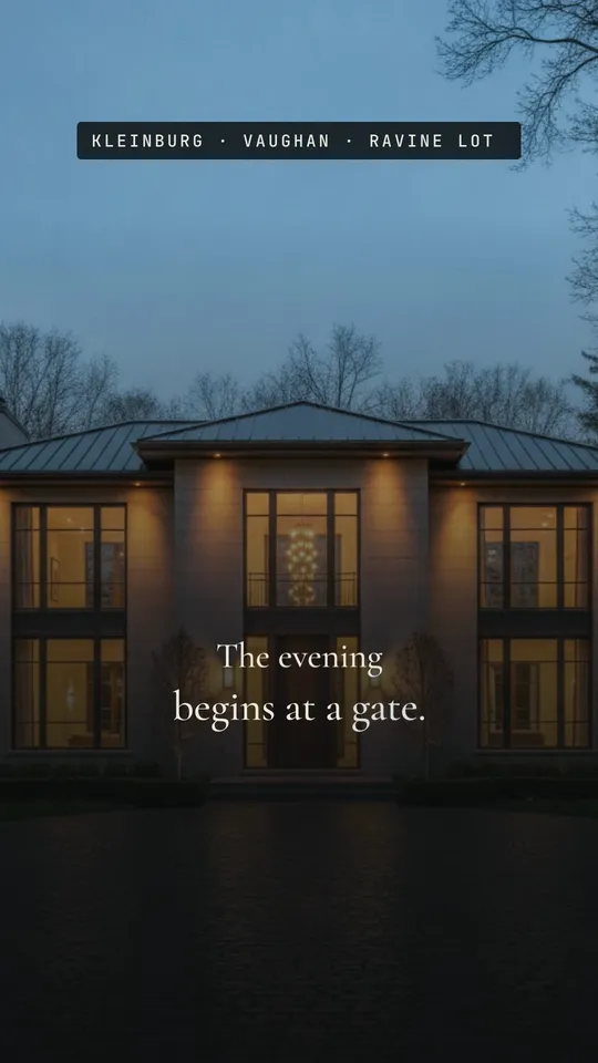 Opening frame of the Kleinburg estate video — a dim panelled hall with brass type