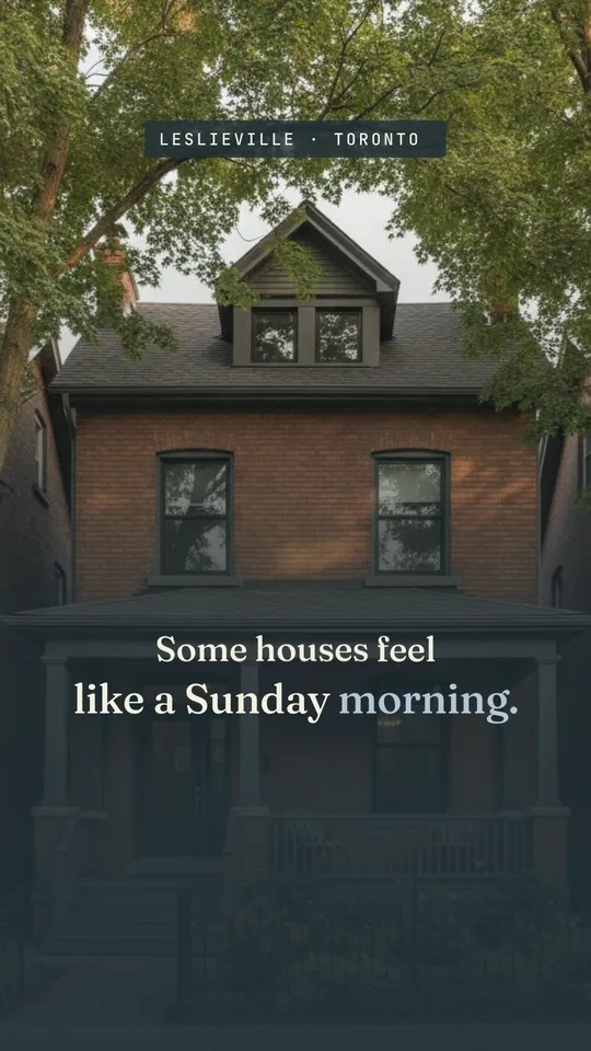 Opening frame of the Leslieville video — a warm front room with the address set in serif